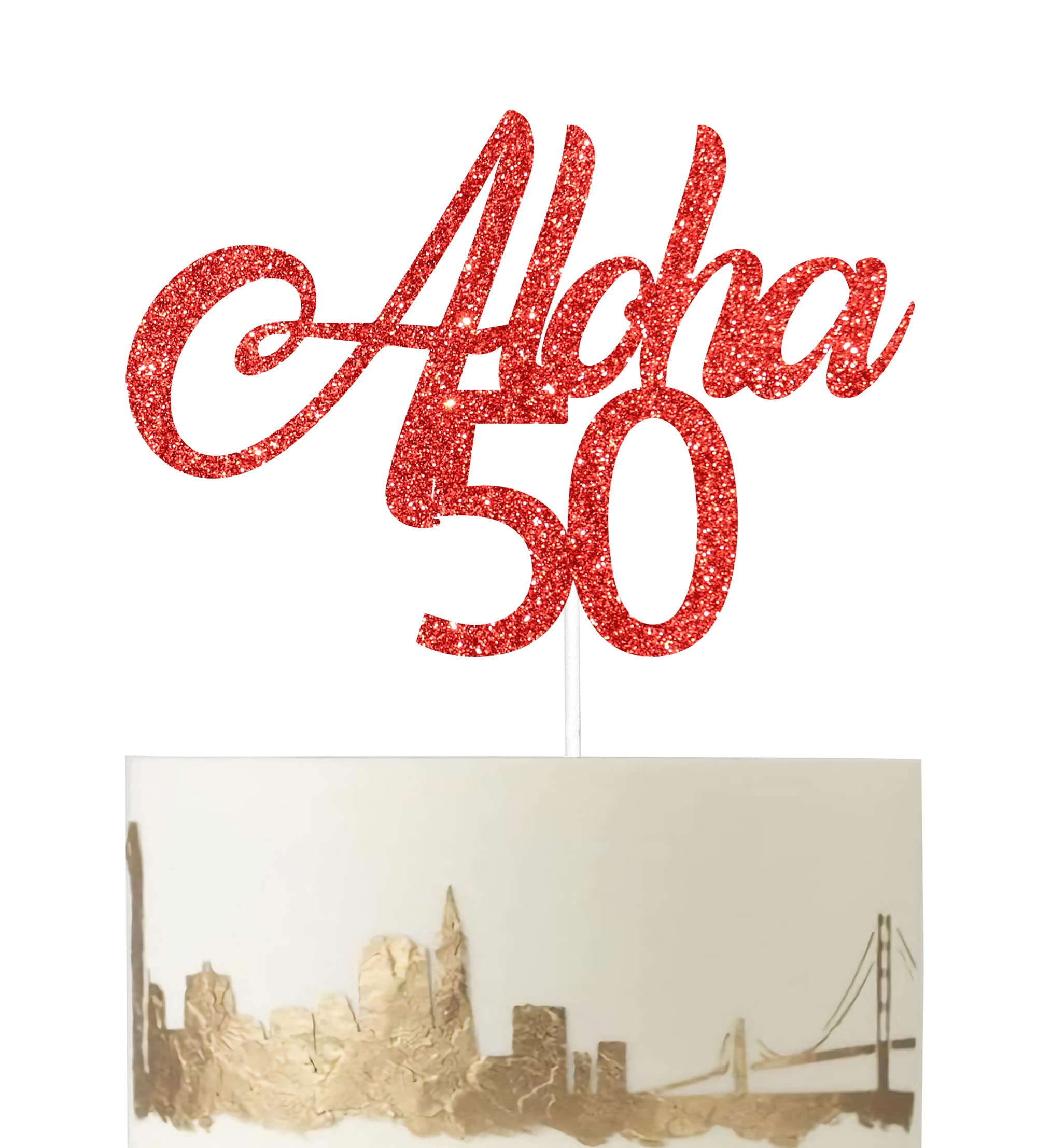 Aloha 50 Cake Topper for Cheers to 50 Years/Girl Boy's 50th Hello 50 Anniversary Birthday Party Decorations Supplies（Red）