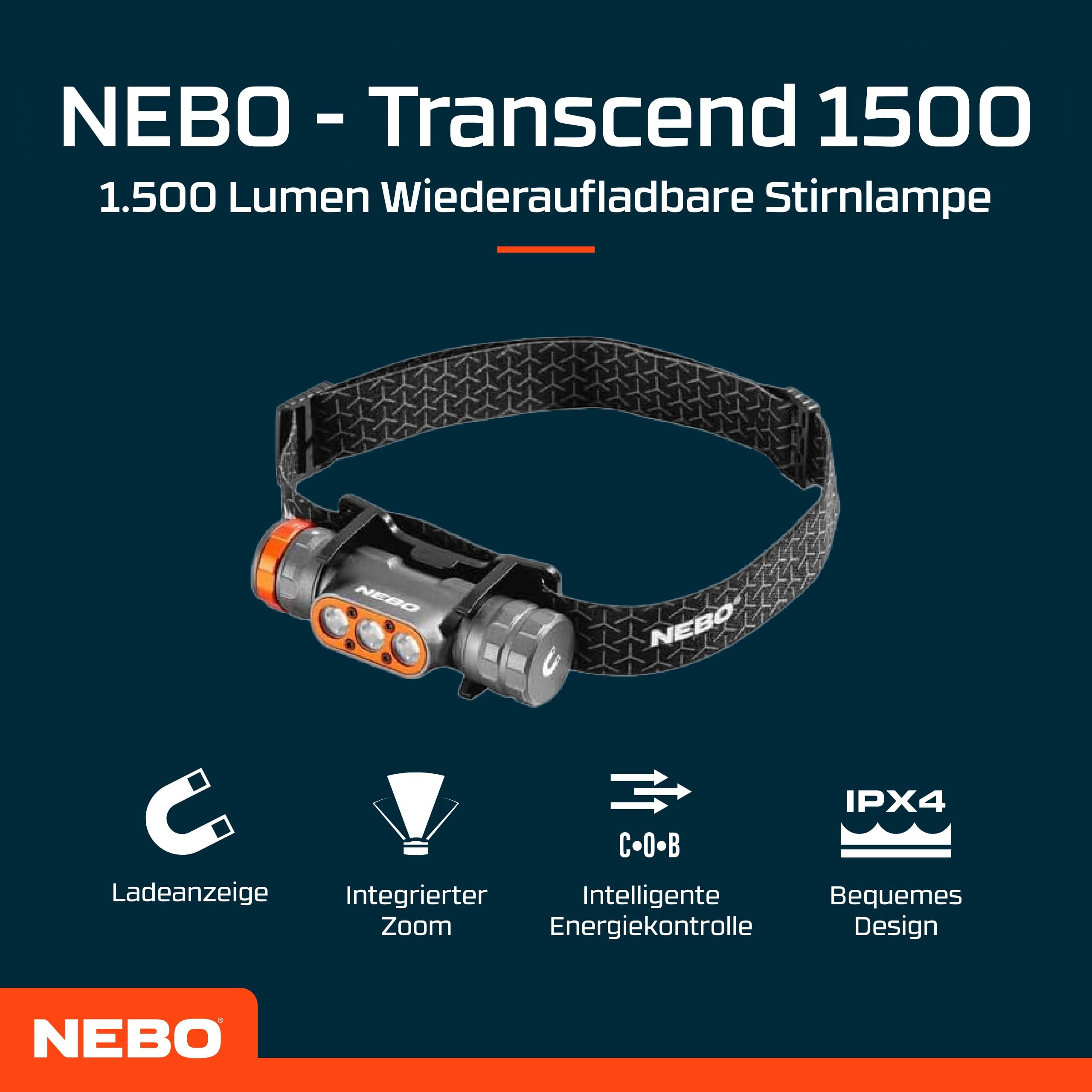 NEBO Transcend 1500 - Kopftlampe - USB-C Aufladbare Stirnlampe - Wanderausrüstung & Camping Zubehör - Stirnlampe für Outdoor Joggen & Sport, Schwarz