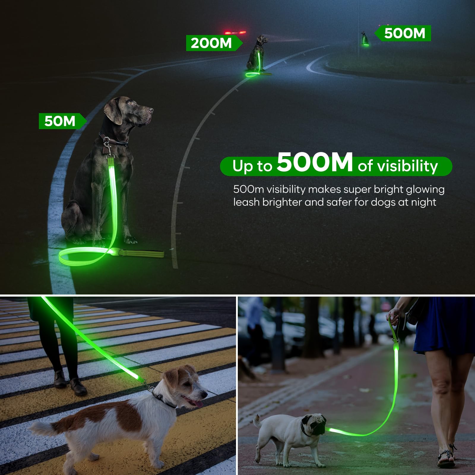 Guinzaglio per cani a LED, illuminato, 1,2 m, completamente illuminato, ricaricabile tramite USB, impermeabile, in nylon, riflettente, con manico imbottito, per cani che camminano notturnamente, si