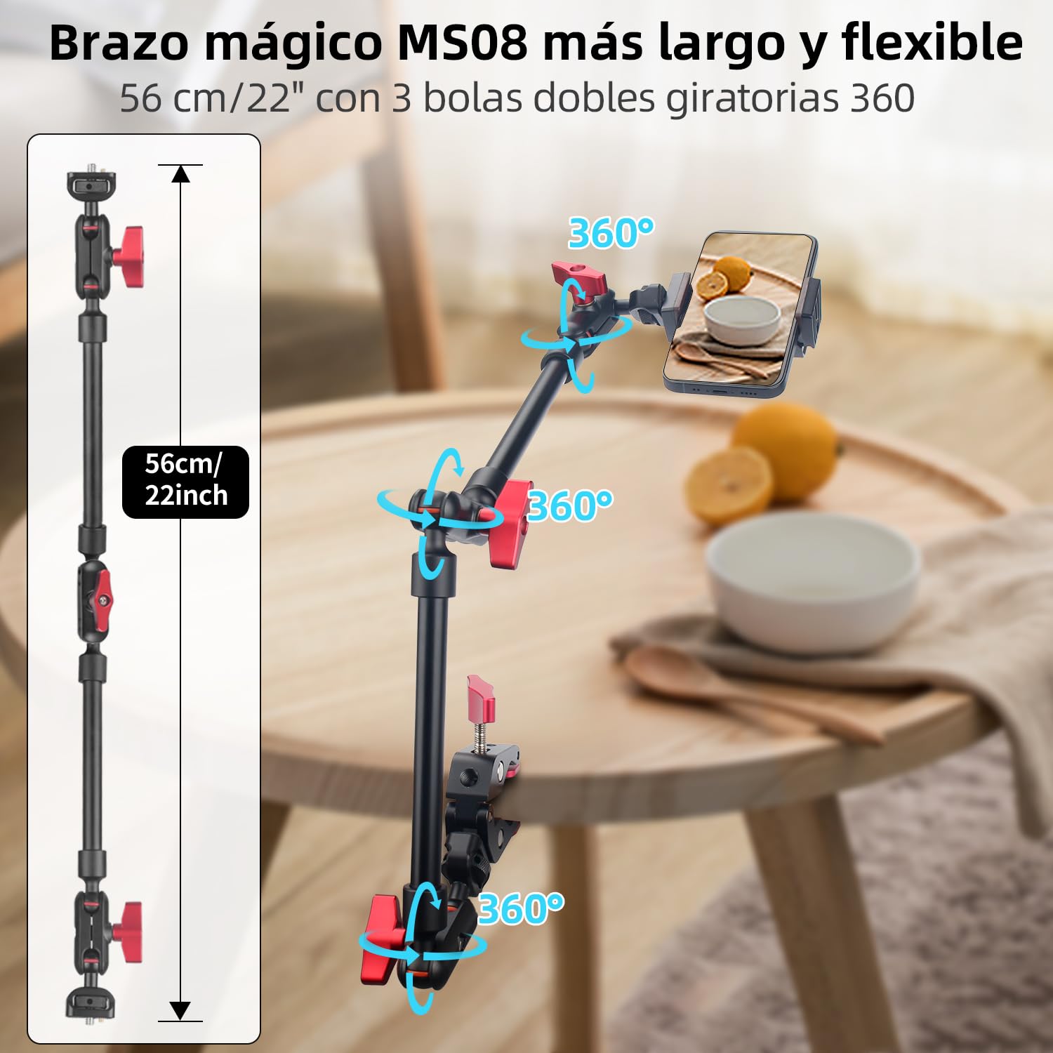 Brazo Mágico de 57 cm/22 con Superabrazadera, Montaje y Abrazadera Flexible de 360°, Soporte para Teléfono Móvil, Brazo Articulado con Rosca de 1/4 Pulgadas para Smartphone, Cámara de Acción