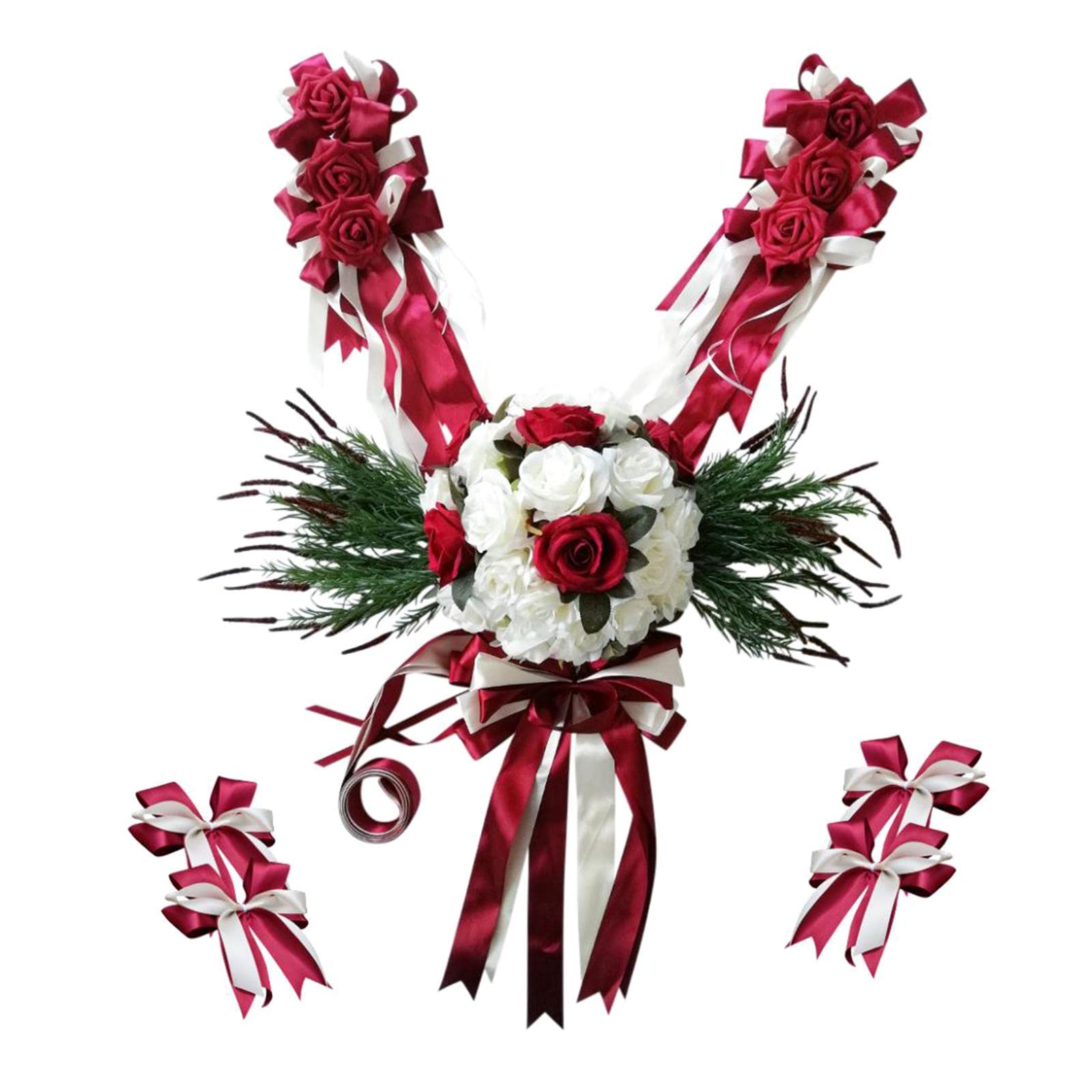 12 Stück Hochzeitsauto Dekorationsset Seidenblumenschmuck Polyesterbänder Satinblumenschleifen Schleifen Autoschmuck für Brautlimousinen Hochzeitflott, Burgund