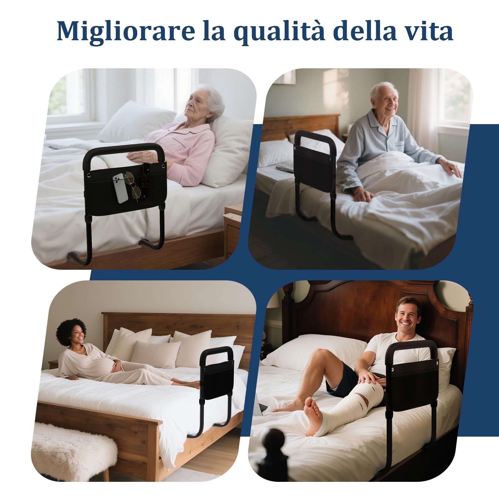 ToyaTec Griglia per letto per anziani e disabili, manico di sicurezza con ringhiera regolabile in altezza e design rimovibile, facile da installare (nero)