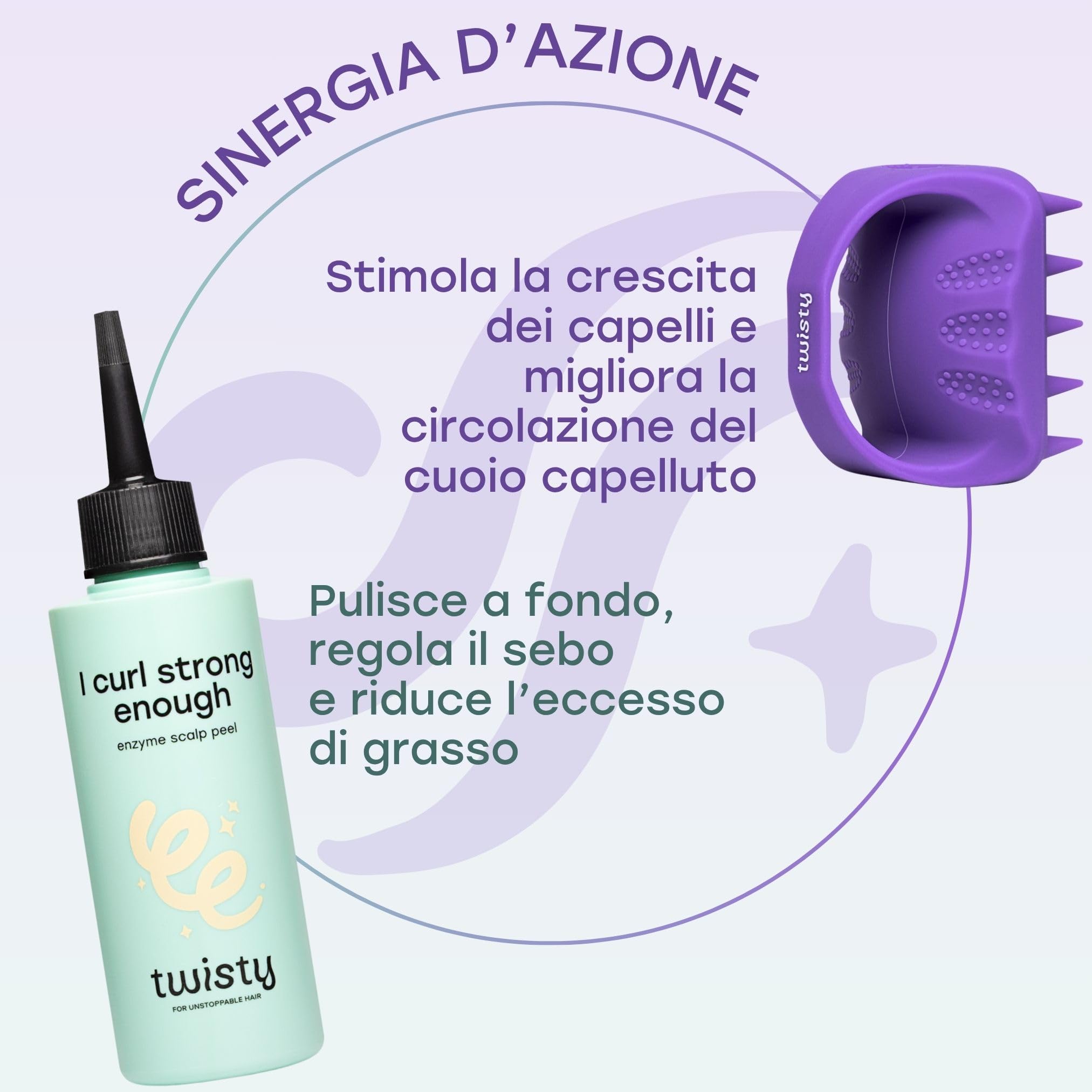 TWISTY Set Massaggiatore Cuoio Capelluto in Silicone + Peeling Enzimatico con acido glicolico AHA – Pulizia Profonda e Stimolazione