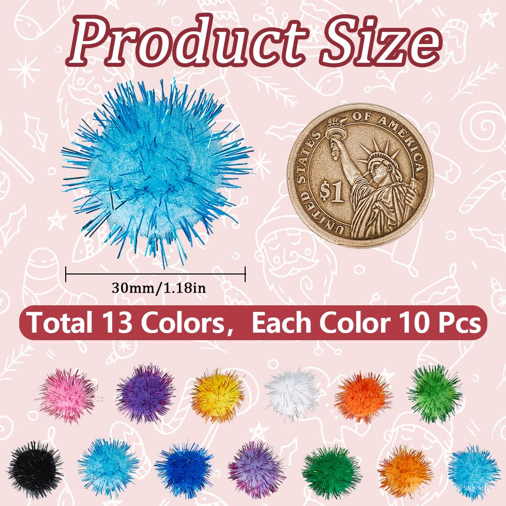 SUNNYCLUE 130Pcs 13 Colors Large Pom Poms Bulk Pompom Balls 30mm Fibre Soft Fluffy Round Fuzzy Tinsel Sparkle Ball Glitters Cat Kitten Chase Pompoms for Crafts DIY Art Christmas Party Decorations - Image 2