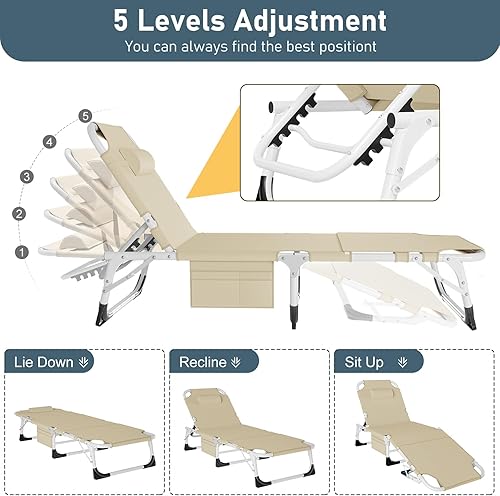 Miniatura 37 de LILYPELLE Tumbona plegable con colchón, silla de playa de 5 posiciones con agujero frontal, tumbonas de patio para exteriores, tomar el sol