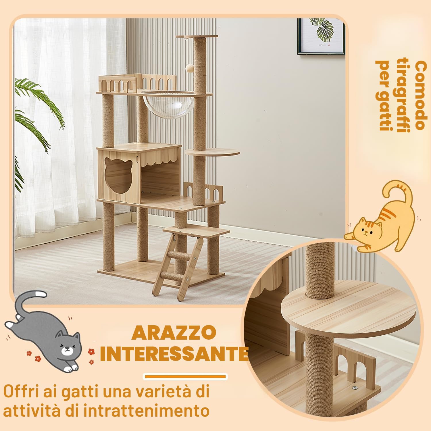 Tiragraffi per gatti, 135 cm, Grande con capsula spaziale, 9 Tiragraffi in sisal, Scala, Palline giocattolo, Albero per gatti per adulti di taglia grande（KT-022）