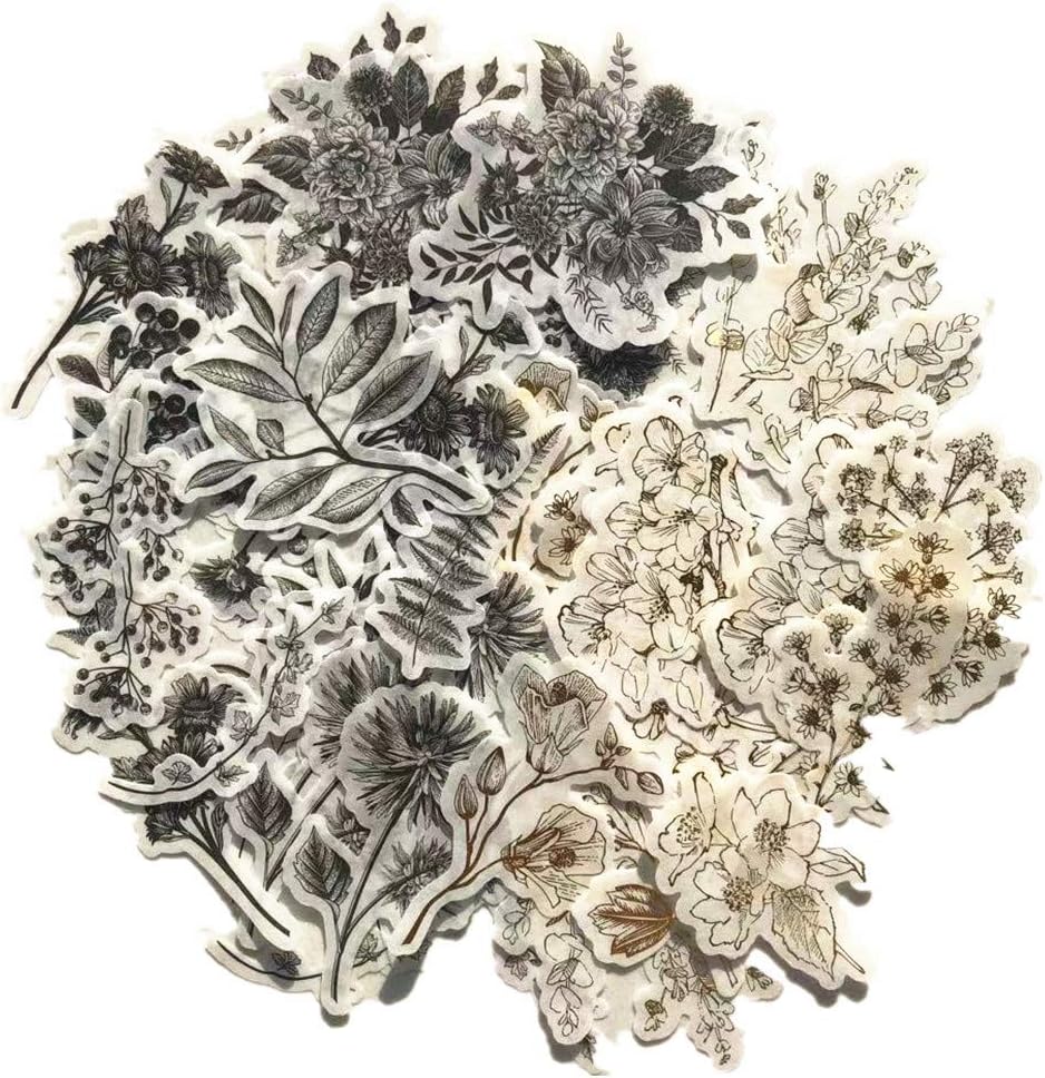 Vintage Zen Botany Flower Washi Sticker Pack, Artsy Natural Black-and-White Plants with Golden Sketch Decals Collection, Wild Plants Gray and Gold Set – 120 Pcs