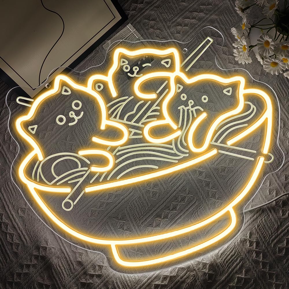 Światła LED z motywem kota, ramen, kawaii, anime, podświetlany znak do restauracji, domu, baru, kuchni, sypialni, japońskiego sklepu, makaronu, ściemniany, neonowy, prezent dla miłośników kotów