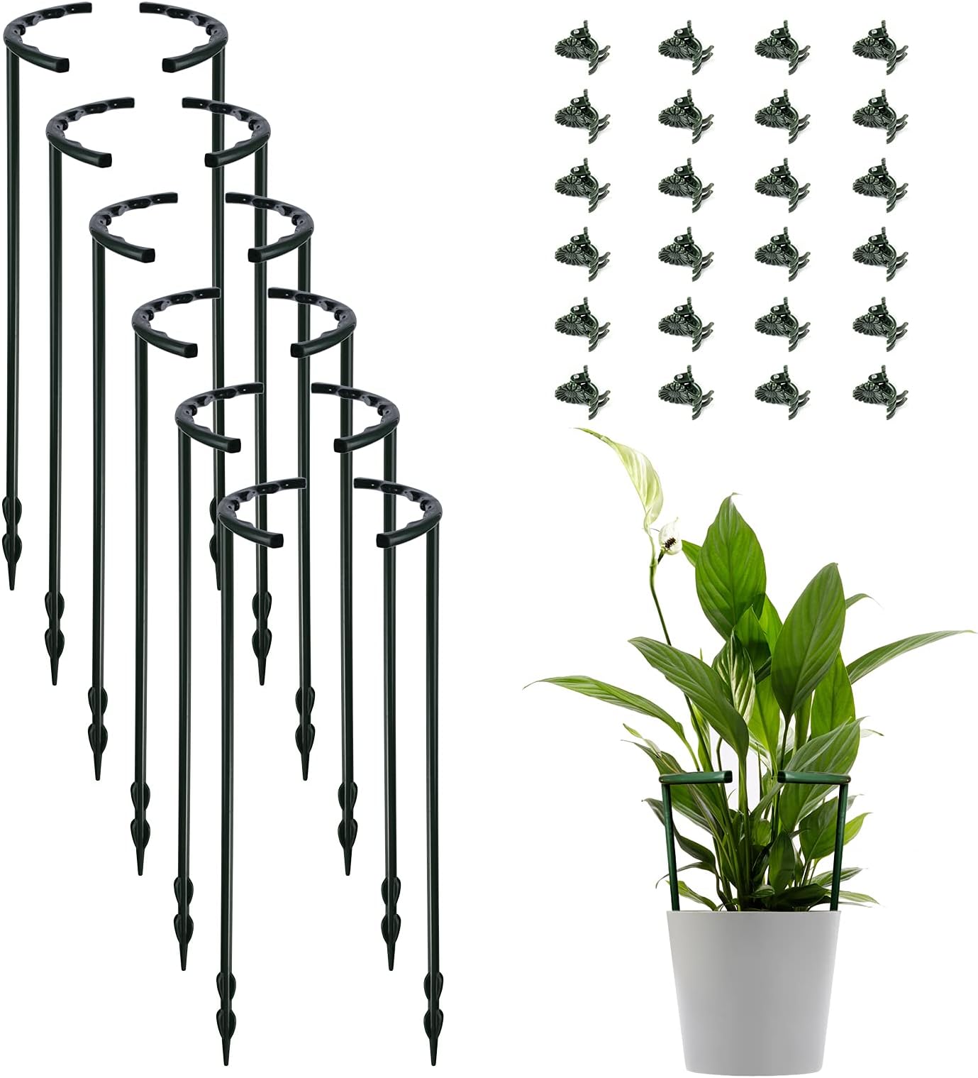 12 Pack Plant Support Stakes with 24 Pcs Clips, Half Round Ring Plastic Cage Holder Flower Pot Climbing Trellis for Small Vegetable,Indoor Plants