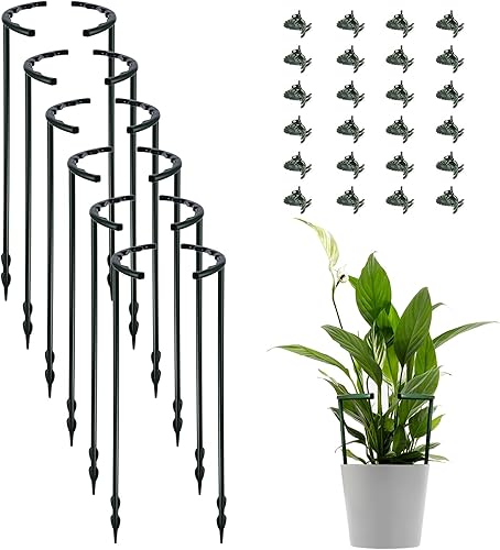 Paquete de 12 estacas de soporte para plantas con 24 clips, soporte de jaula de plástico de anillo medio redondo, maceta de escalada para verduras