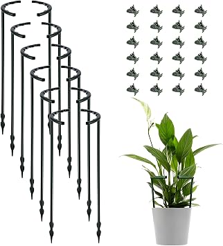 12 Pack Plant Support Stakes with 24 Pcs Clips, Half Round Ring Plastic Cage Holder Flower Pot Climbing Trellis for Small Vegetable,Indoor Plants