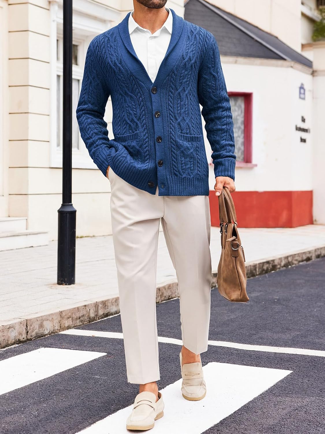 Runcati Mens Shawl Collar Cardigan Sweater Casual Cable Knit Button Down Winter Chunky Ribbed Sweaters - Image 4