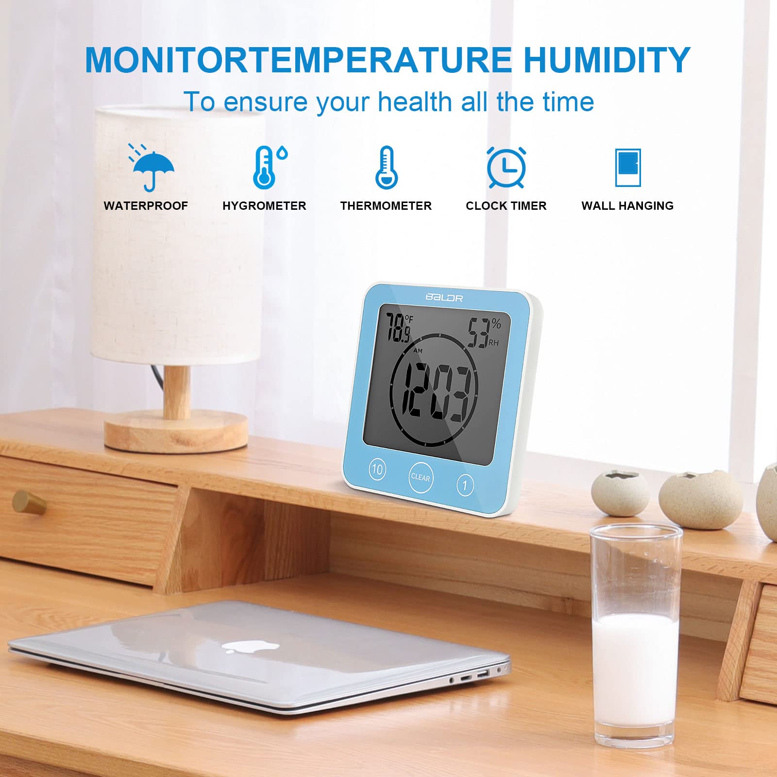 DEECOZY Tendlife - Orologio termoigrometro, orologio da bagno, sveglia digitale LCD, timer per doccia, orologio da bagno portatile con controllo tattile per cucina e bagno