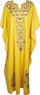 Indiatrendzs Womens Yellow Embroidered Kaftan Embellished Evening Party Beach Coverup 2X