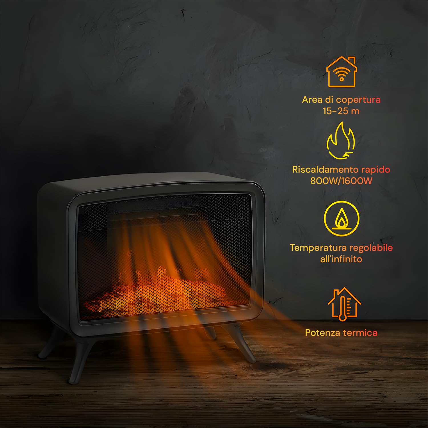 Wintem Caminetto Elettrico con Effetto Fiamma Realistico 34x18x30cm -Potenza e Termostato Regolabile 800/1600W Ideale per Creare un'Atmosfera Accogliente con Protezione dal Surriscaldamento