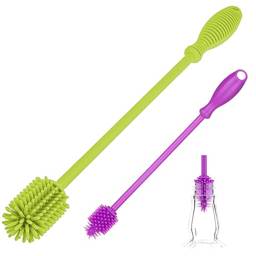 A-Brush - Cepillo limpiador de botellas de silicona, juego de 2 piezas, flexible, mango largo, limpiador de botellas de agua, cepillo para pezón de
