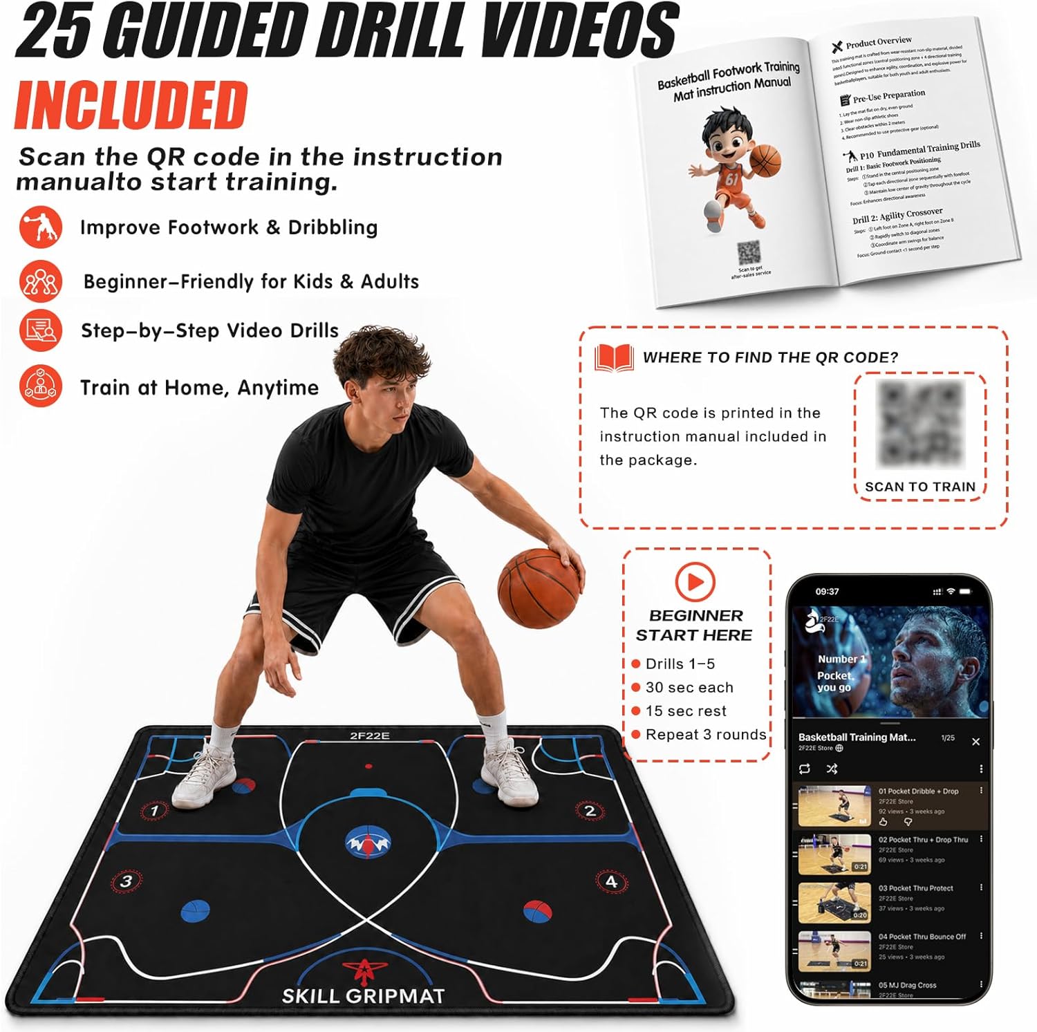 Portable Basketball Footwork Training Mat, Agility Footstep Training Mat, Basketball Pads for Training All Levels, Non-Slip Silent Equipment for All Ages to Improve Speed, Strength and Coordination