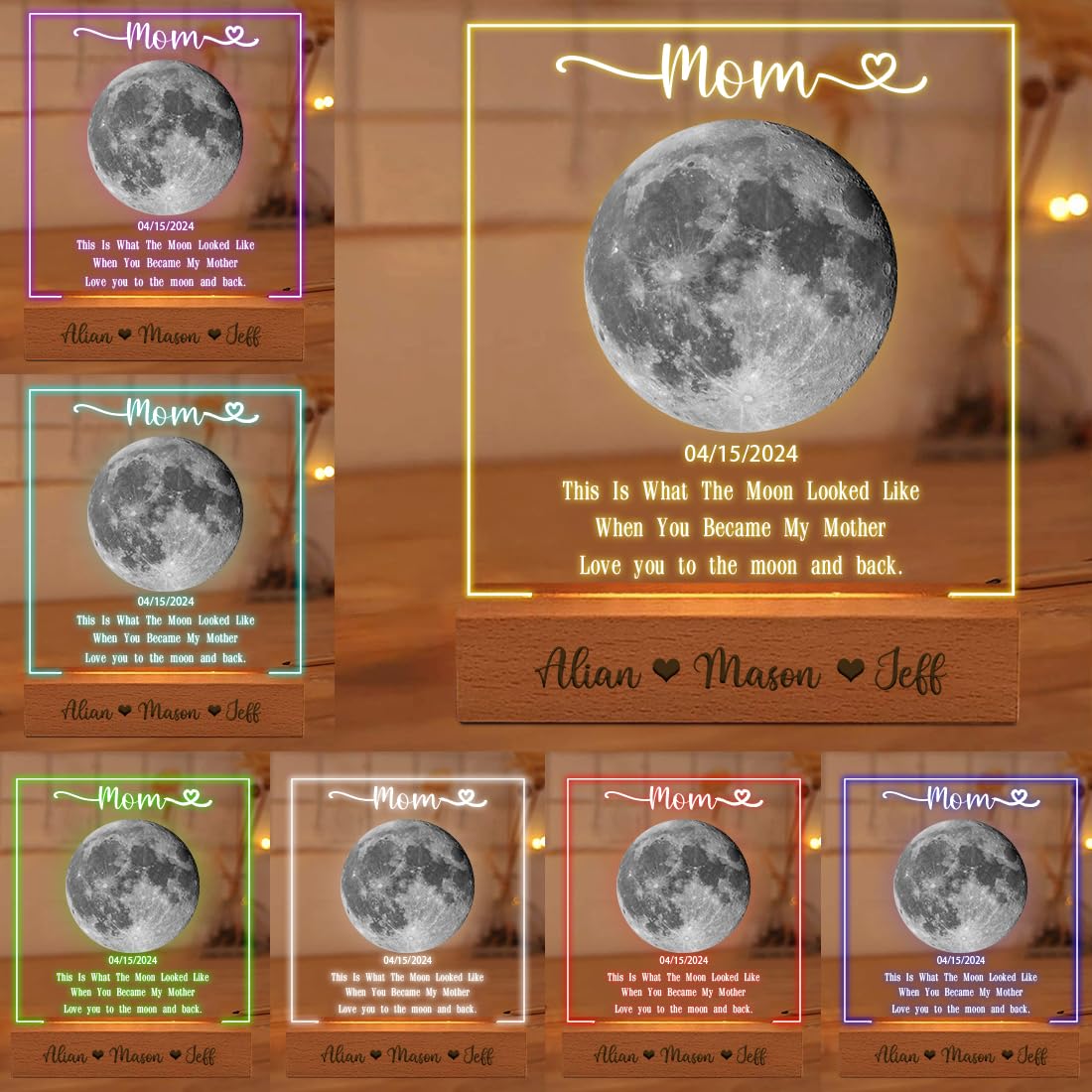 ASD Jewerly Personalized Moon Phase Night Light, Custom The Day You Became My Mom Moon Picture Phases Frame, Art Deco Acrylic