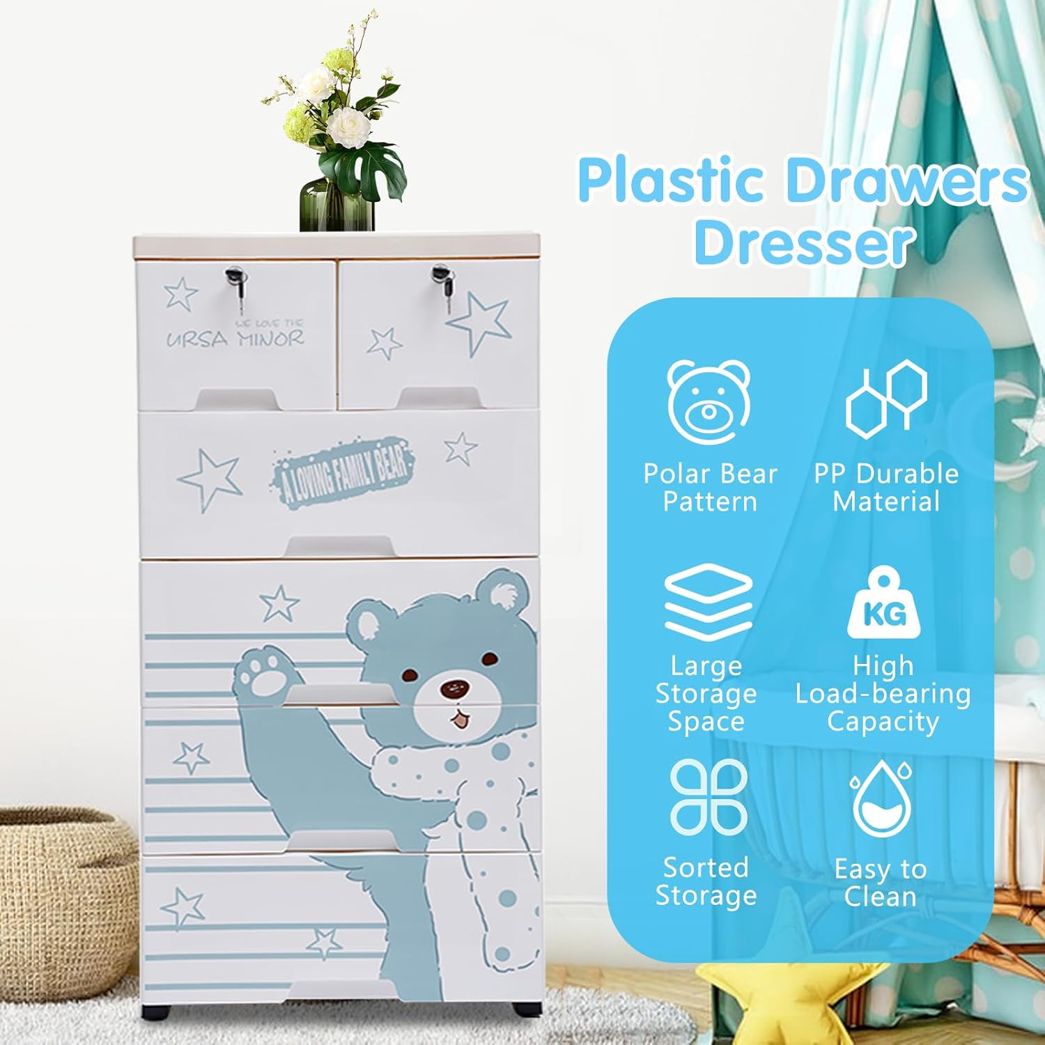 Plastic Drawers Dresser, Closet Drawers, Plastic Drawer Storage for Clothes, Polar Bear Storage Cabinet with 6 Drawers, Dresser Organizer with 5 Wheels for Bedroom Children's Rooms