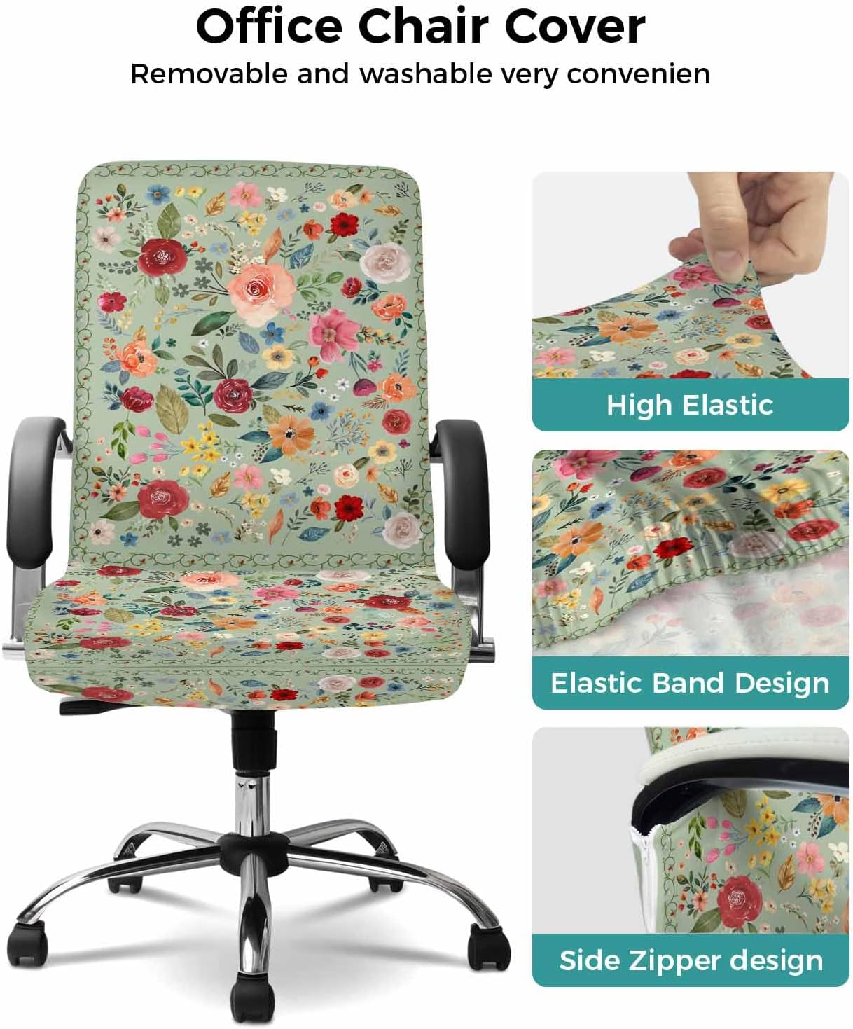 DecorLovee Sage Green Spring Floral Office Chair Covers Stretchable Computer Gaming Chair Cover, Botanical Watercolor Summer Universal Desk Chair Covers Rotating Chair Slipcover with Zipper, M