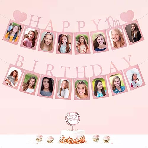 Miniatura 6 de Decoraciones y suministros de feliz cumpleaños número 10 para niñas, pancarta de fotos de cumpleaños de oro rosa para mujeres