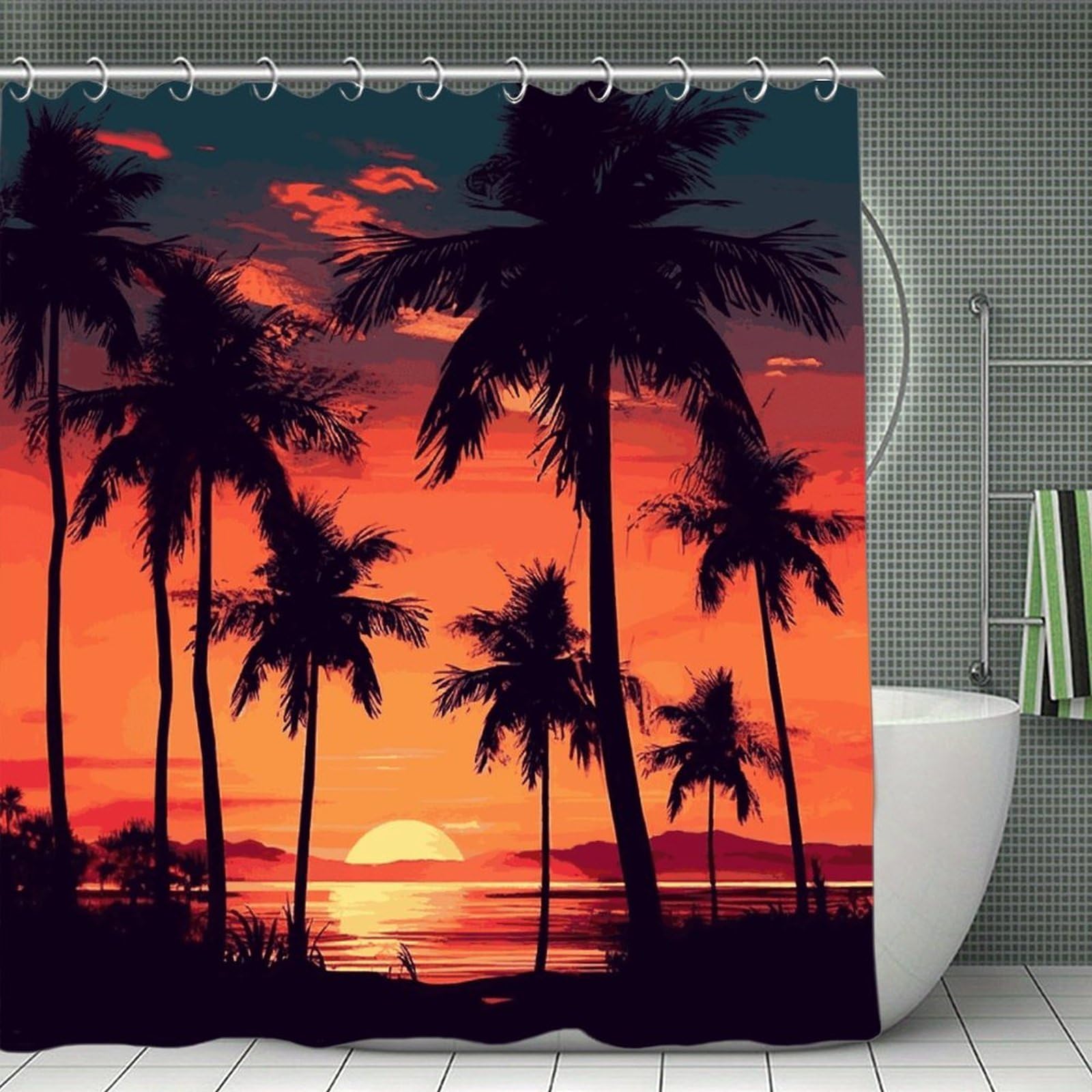 FekiLoot Palm Tree Summer Sunset Shower Curtain Minimalist Thick Bathroom Curtain Washable Modern Bathroom Shower Curtain Heavy Duty Waterproof Cloth Bath Curtain with Hooks 70.8"x70.8"