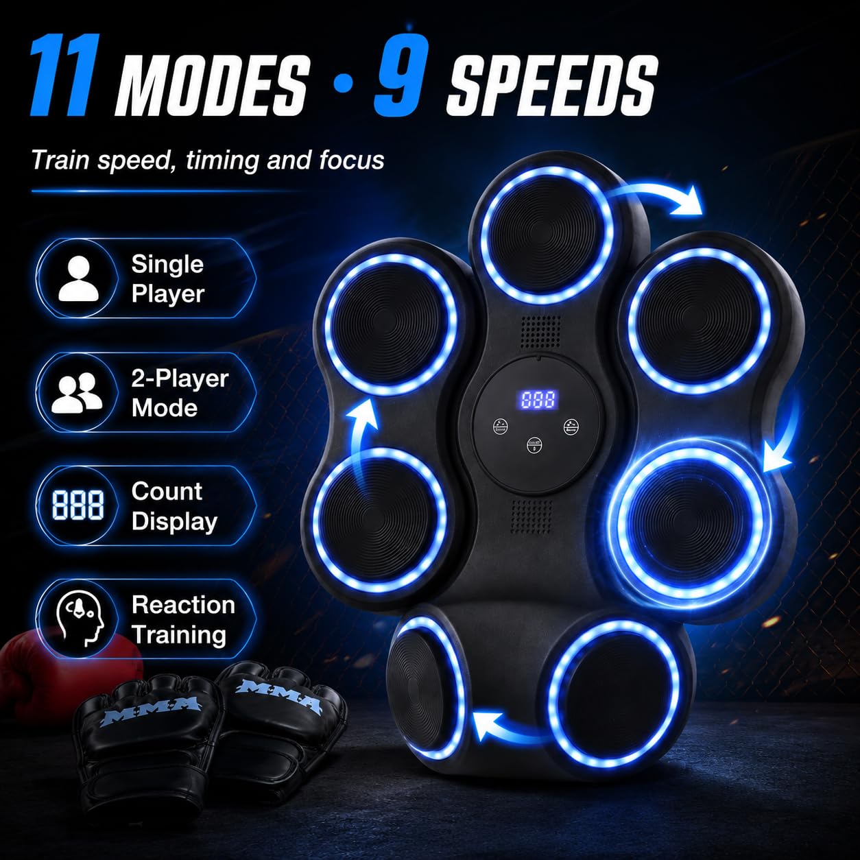 Máquina de boxeo musical con luces LED, Bluetooth, 9 modos de velocidad y modo de conteo, máquina electrónica de boxeo para niños y adultos, caja de música para casa y gimnasio