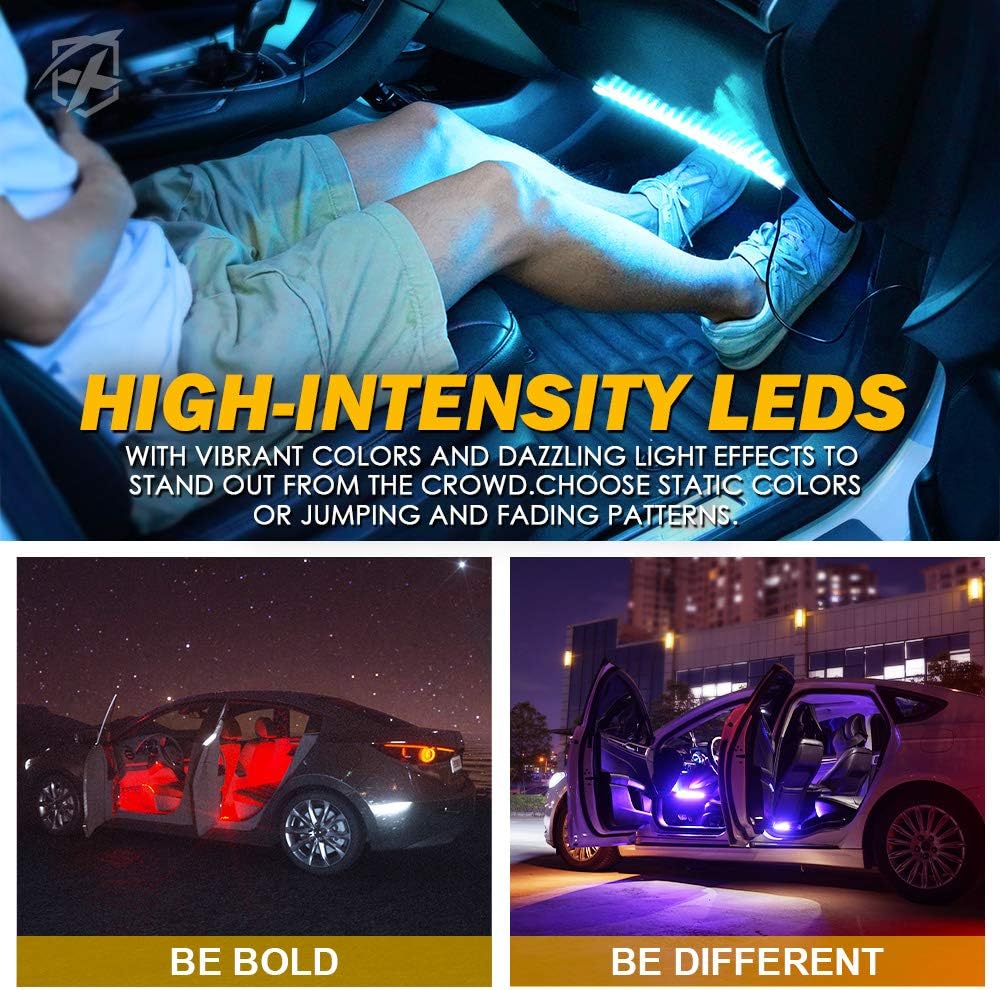 Xprite RGB LED Car Interior Bluetooth Light Strips w/Remote & Control Box, Silicone Sealed, Under Dash Footwell Lights Kit w/Cigarette Adapter for Vehicle Internal SUV Truck - 4 PCS