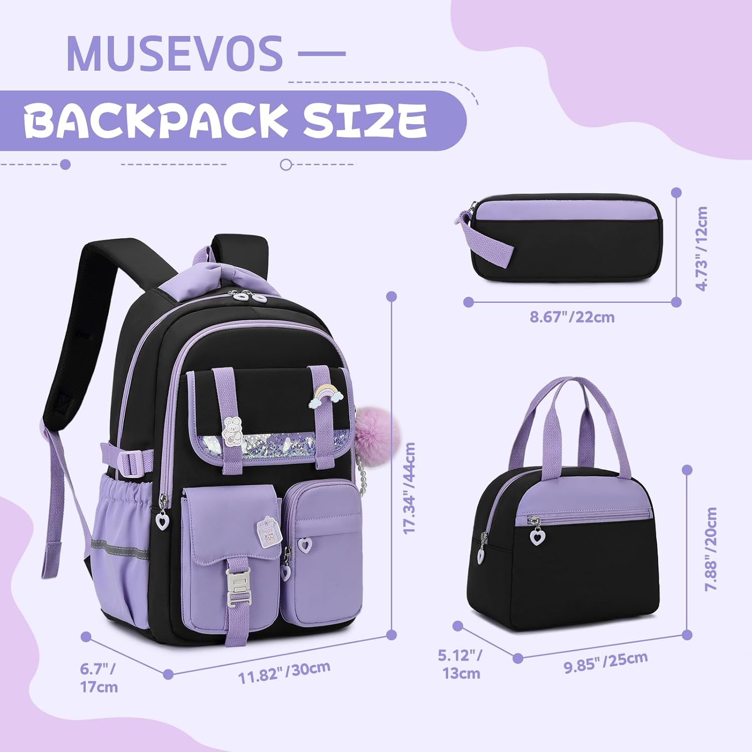 Girls Backpack, Kids Backpack for Girls, School Bookbag for Teens Age 6-15, Large Capacity Water Resistant Backpack for Elementary to High School, Cute Travel Daypack, Black Purple 3pcs