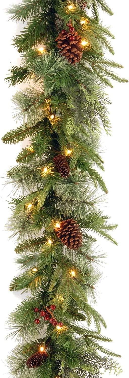9 ft Pre-Lit Colonial Fir Artificial Christmas Garland, Christmas Decoration with Red Berries, Pinecones, 50 Clear Lights, 180 Tips, Green