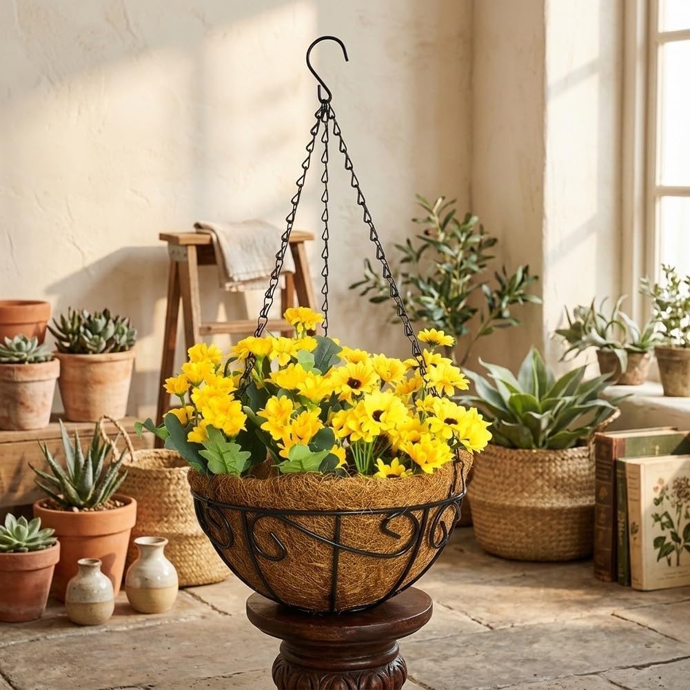 2 Stück Hängeampel Metall mit Kokosfaser Liner, Rustikaler | Blumenkorb für Balkon und Garten, Dekorativer Hängeblumentopf mit Wandhalterung für Pflanzen, Set für Hochzeitsdeko, 12