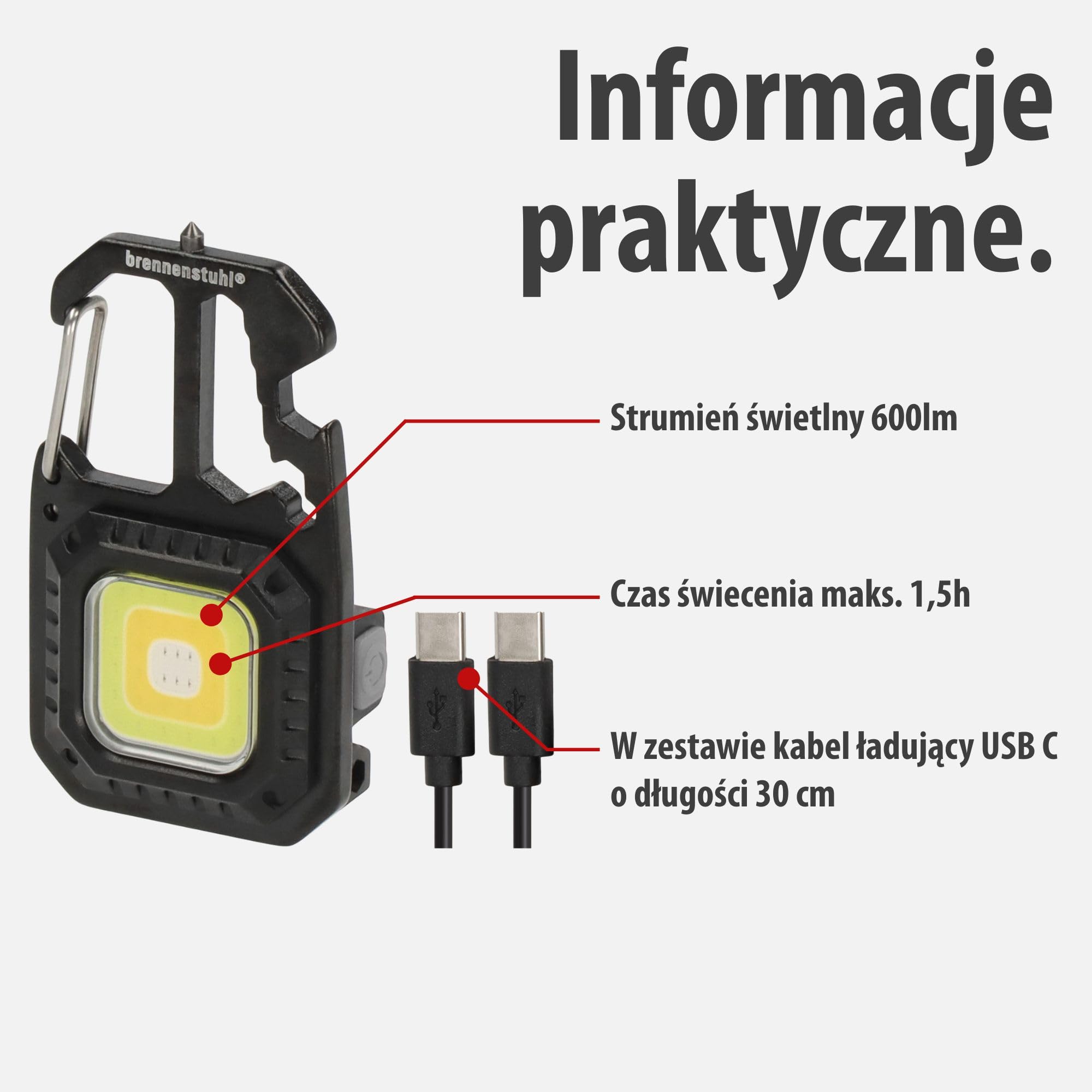 Brennenstuhl Mini LED Latarka MTL 600 A (akumulatorowa latarka warsztatowa 600 lm, 7 trybów świecenia, brelok do kluczy, otwieracz do butelek, końcówki i klucze – np. na wypadek awarii lub na kemping)