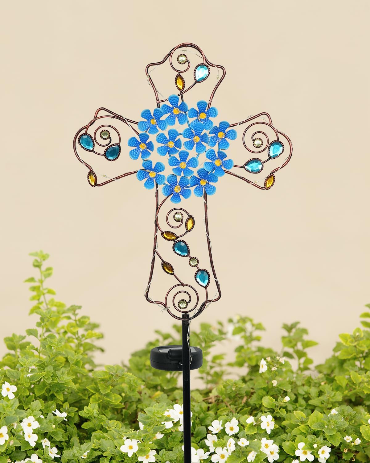 Putuo Decor Solar Cross Garden Stake Light Decorations Cemetery Decorations for Grave Outdoor Indoor Home Garden Doors Christian Memorial Garden Lawn Yard Patio Blue Flower