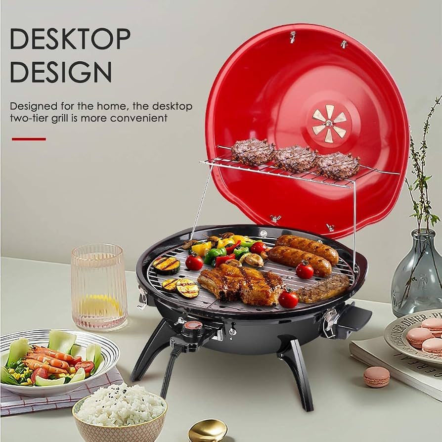 Electric BBQ Grill With Stand – Indoor/Out Portable Double-Layer Grill, 1600W, No Flame Needed, Great For Patios & Balconies