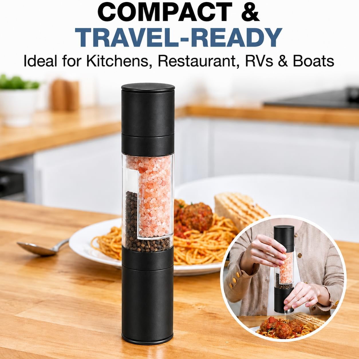 2 in 1 Salt and Pepper Grinder Set, Manual Stainless Steel Spice Mill with Adjustable Coarseness, Refillable Dual Chamber Grinder for Himalayan Salt, Black Pepper & Seasoning (Modern Matte Accent)