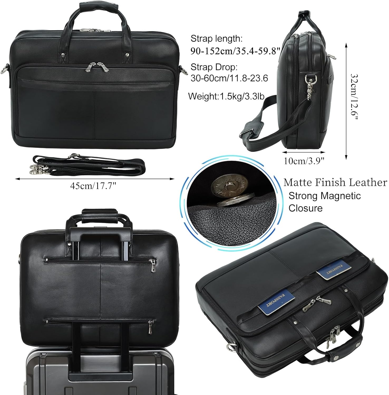 Masa Kawa Leather Briefcase for Men 17/15.6" Laptop Crossbody Shoulder Messenger Bag Business Travel Work Attache Case - Image 3