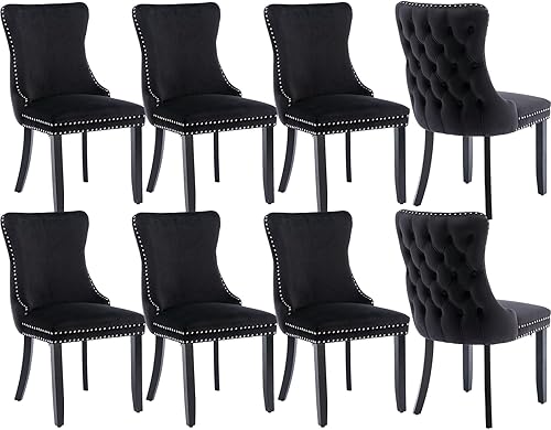 Miniatura 29 de Juego de 4 sillas de comedor de terciopelo, sillas de comedor tapizadas con respaldo de alas altas con ribete de cabeza de clavo, patas de madera 19