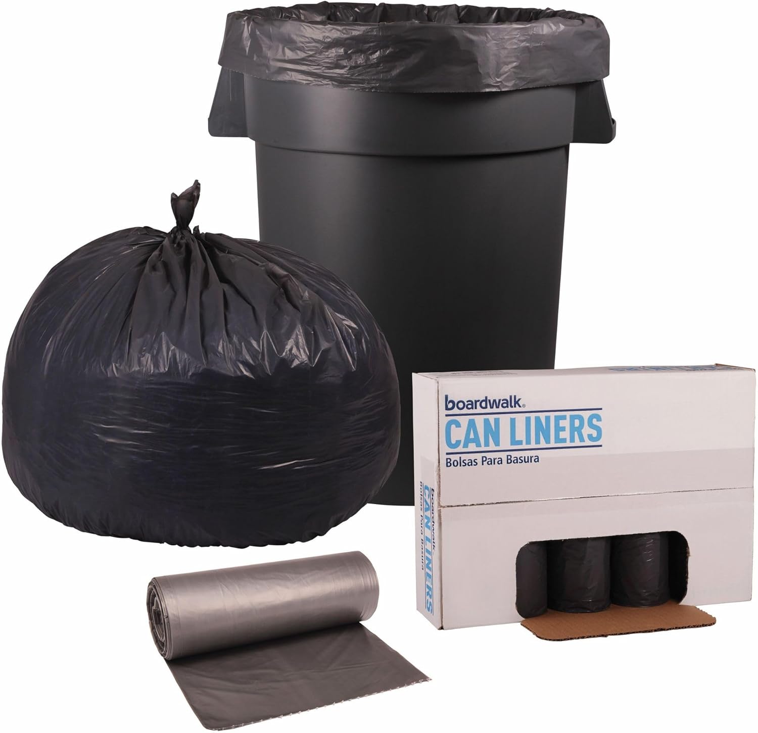 Boardwalk Low-Density Waste Can Liners, 60 gal, 1.1 mil, 38" x 58", Gray, 20 Bags/Roll, 5 Rolls/Carton