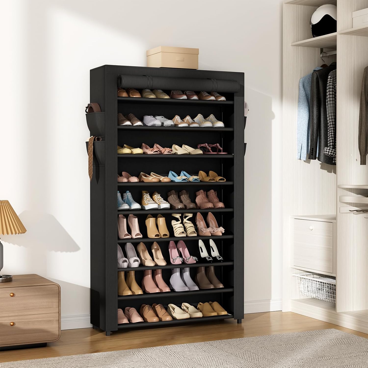 Shoe Rack with Cover Narrow Shoe Organizer with Pockets 10 Tier Tall Shoe Storage Holds 36-41 Pairs Shoes and Boots Shoe Rack for Closet Entryway Garage, Black