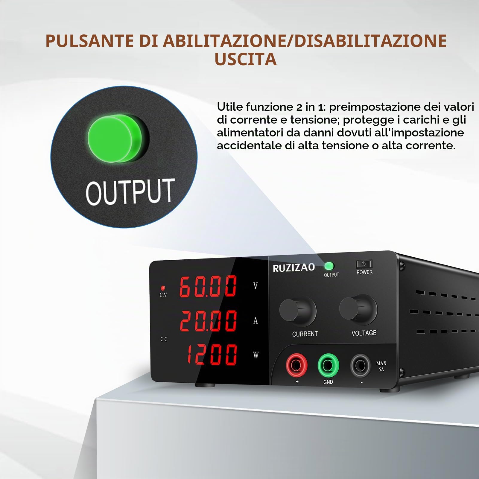 Alimentatore da Banco 60V 20A 1200W Alta Potenza Alimentatore da Laboratorio Regolabile con OUTPUT/Encoder Alimentatori Stabilizzato per Laboratorio/Automazione/Test delle Batterie/Elettronica