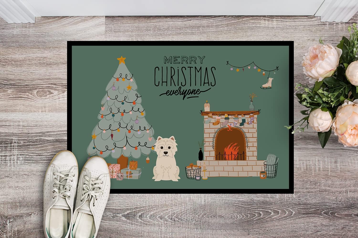 Caroline's Treasures CK7605JMAT Westie Christmas Everyone Doormat 24x36 Front Door Mat Indoor Outdoor Rugs for Entryway, Non Slip Washable Low Pile, 24H X 36W
