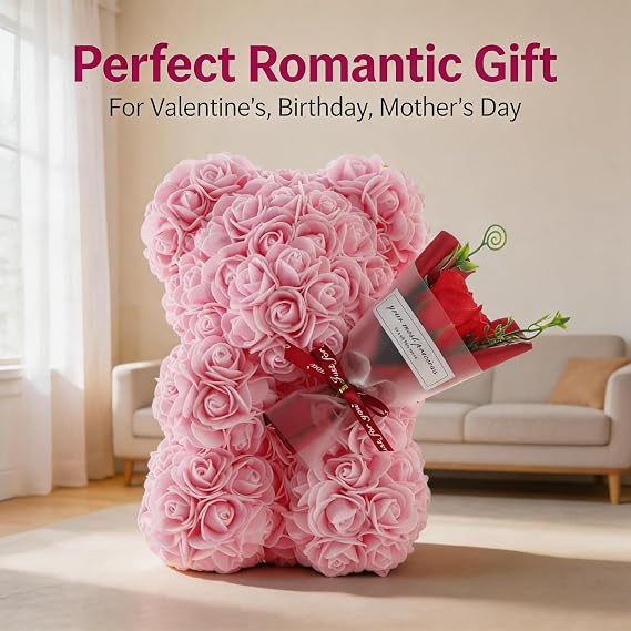 Rose Bear With Gift Box,Pink Rose Teddy Bear,Artificial Rose Flower Bear, for Moms,Valentines Day Gift for Her Birthday Gift for Girls,Ladies