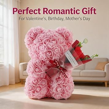 Rose Bear With Gift Box,Pink Rose Teddy Bear,Artificial Rose Flower Bear, for Moms,Valentines Day Gift for Her Birthday Gift for Girls,Ladies