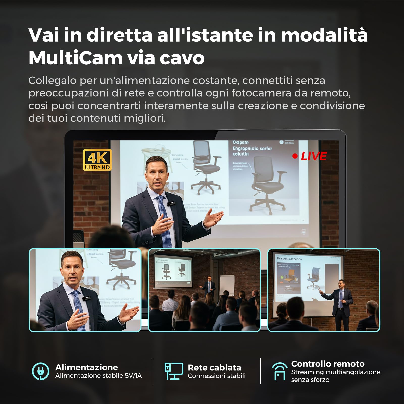 NearStream VM20 Telecamera 4K di streaming cablata con zoom ibrido 40x | Telecomando, 8 microfoni con cancellazione del rumore, Plug & Play, webcam HDMI/USB/RJ45, predisposta per multicam.