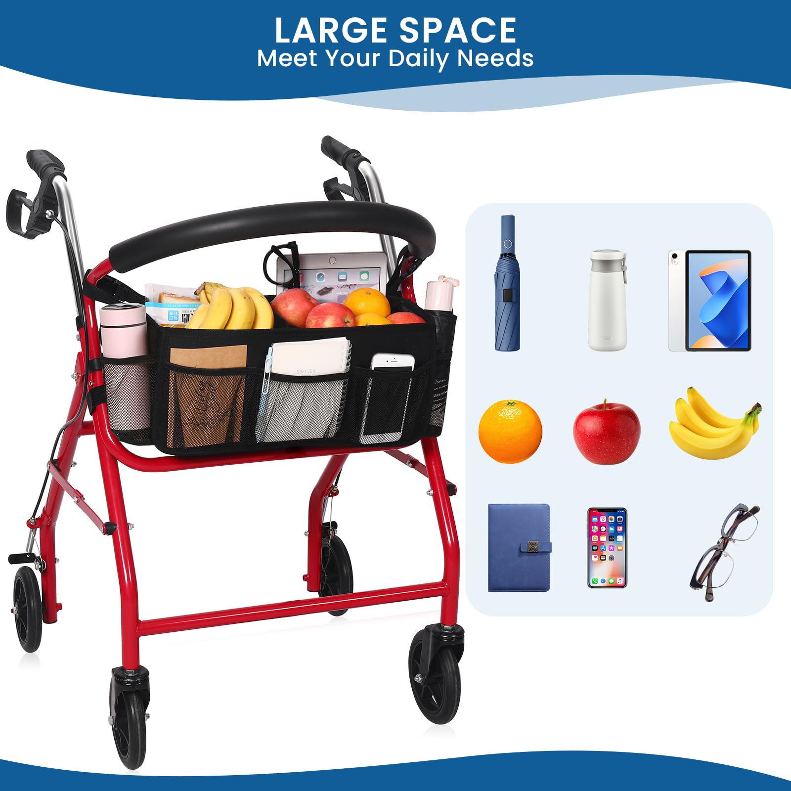 Cesta rodante mejorada, bolsa grande de accesorios para andador con múltiples bolsillos, accesorios para personas mayores, cestas plegables fáciles de usar (negro)