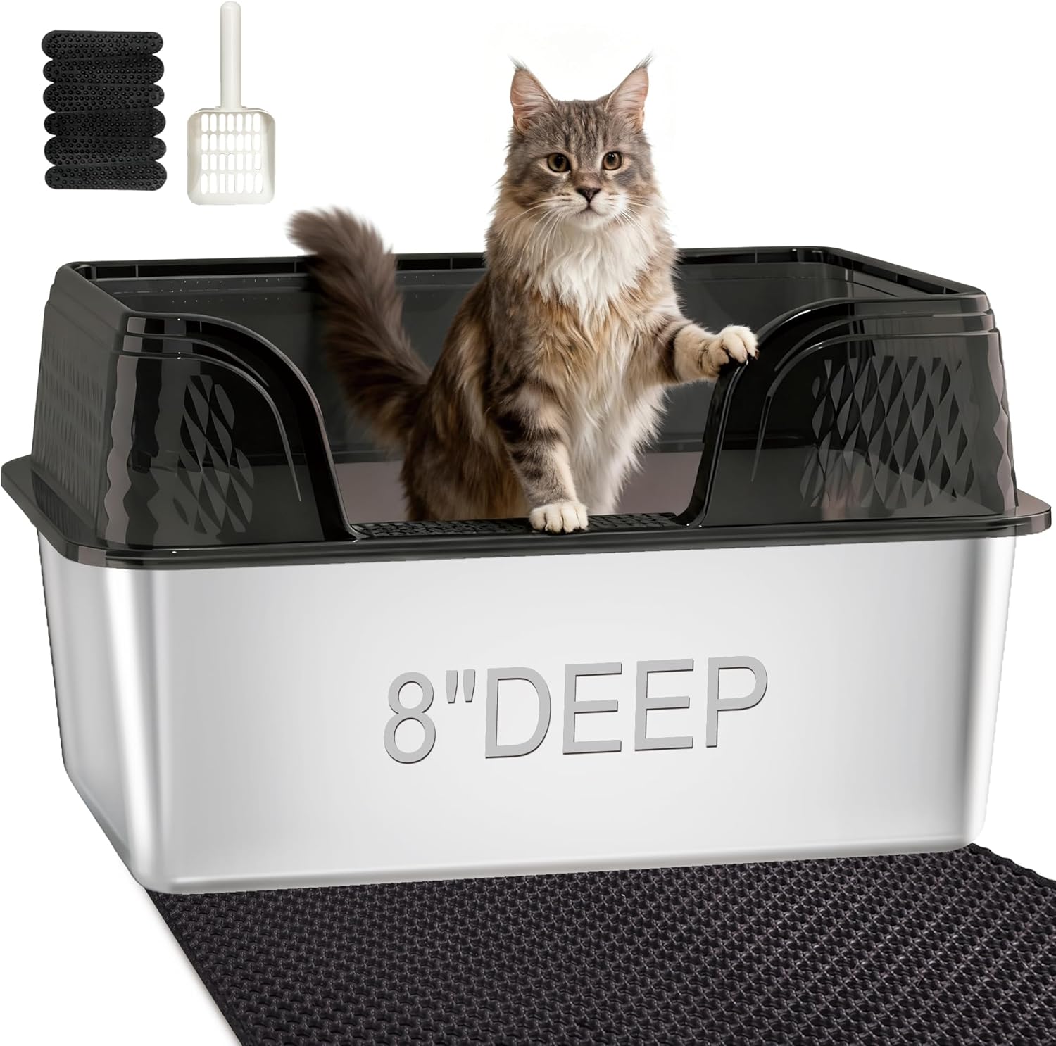 Stainless Steel Litter Box XL, Metal Litter Box with Lid - Extra Large Space with High Sides for Big Cats, Side Entry, Leak-Proof, Anti-Splashing, Transparent Black