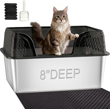 XXL Stainless Steel Litter Box with Lid, Extra Large High Sided Litter Box for Big Cats or Multiple Cats, Anti-Splashing, Easy Clean, No Smell, Transparent Black Enclosure
