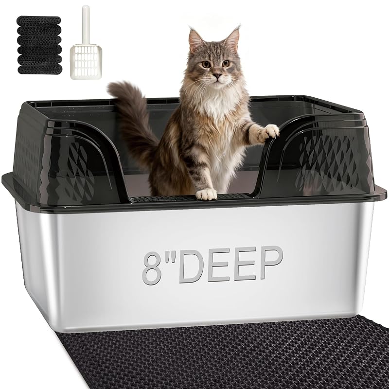 Caixa de Areia para Gatos em Aço Inoxidável com Tampa Alta, Kittenhood, Transparent Black, XX-Large