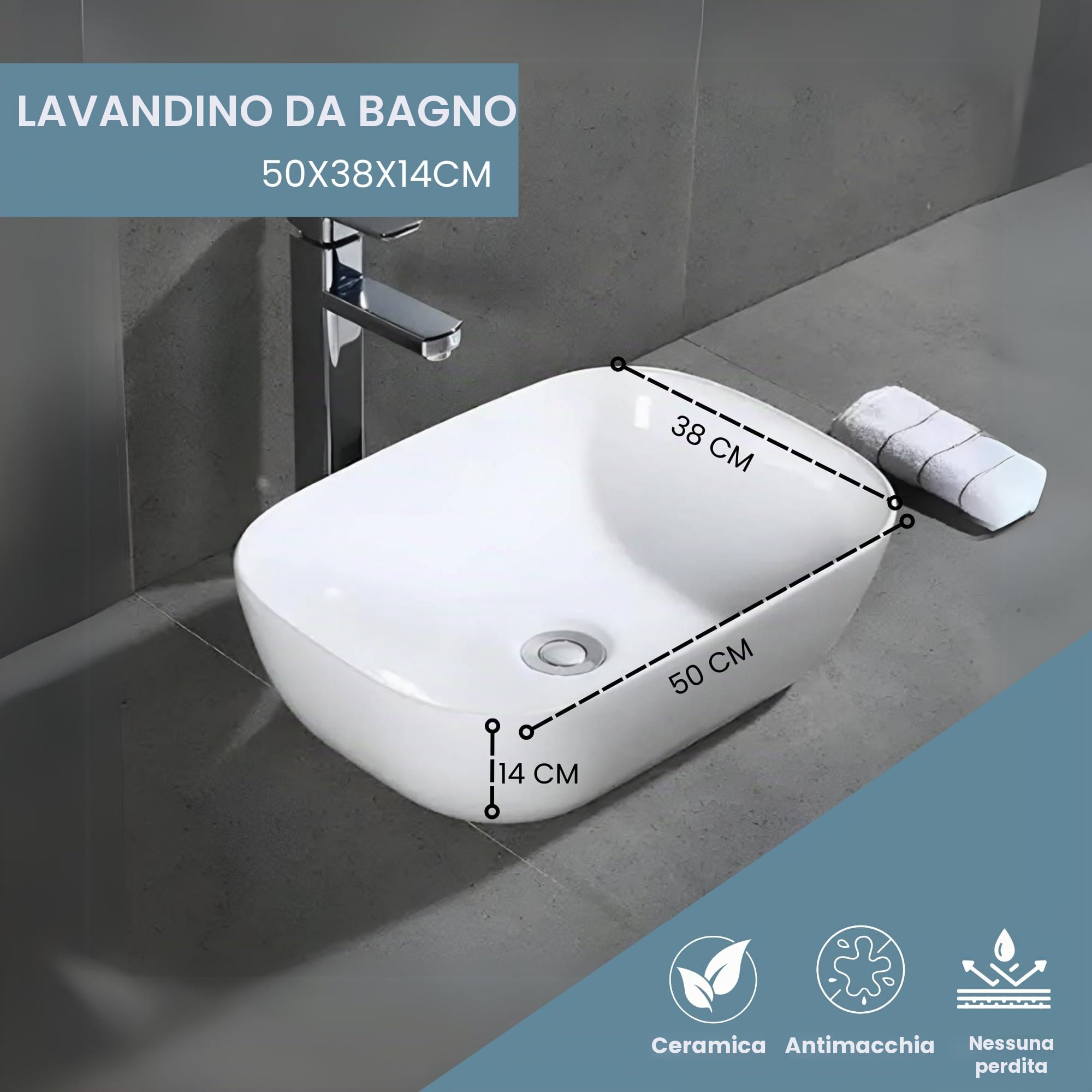 MAGIC SELECT Lavabo in Ceramica, Lavabo da Appoggio Bianco, Lavabo Sospeso Bagno Antimacchia, Facile da Pulire con Attacchi Standard. Ideale per Cucina o Bagno. (50x38x14 CM) | Antimacchia, facile da pulire, connessioni standard, 50 x 38 x 14 cm