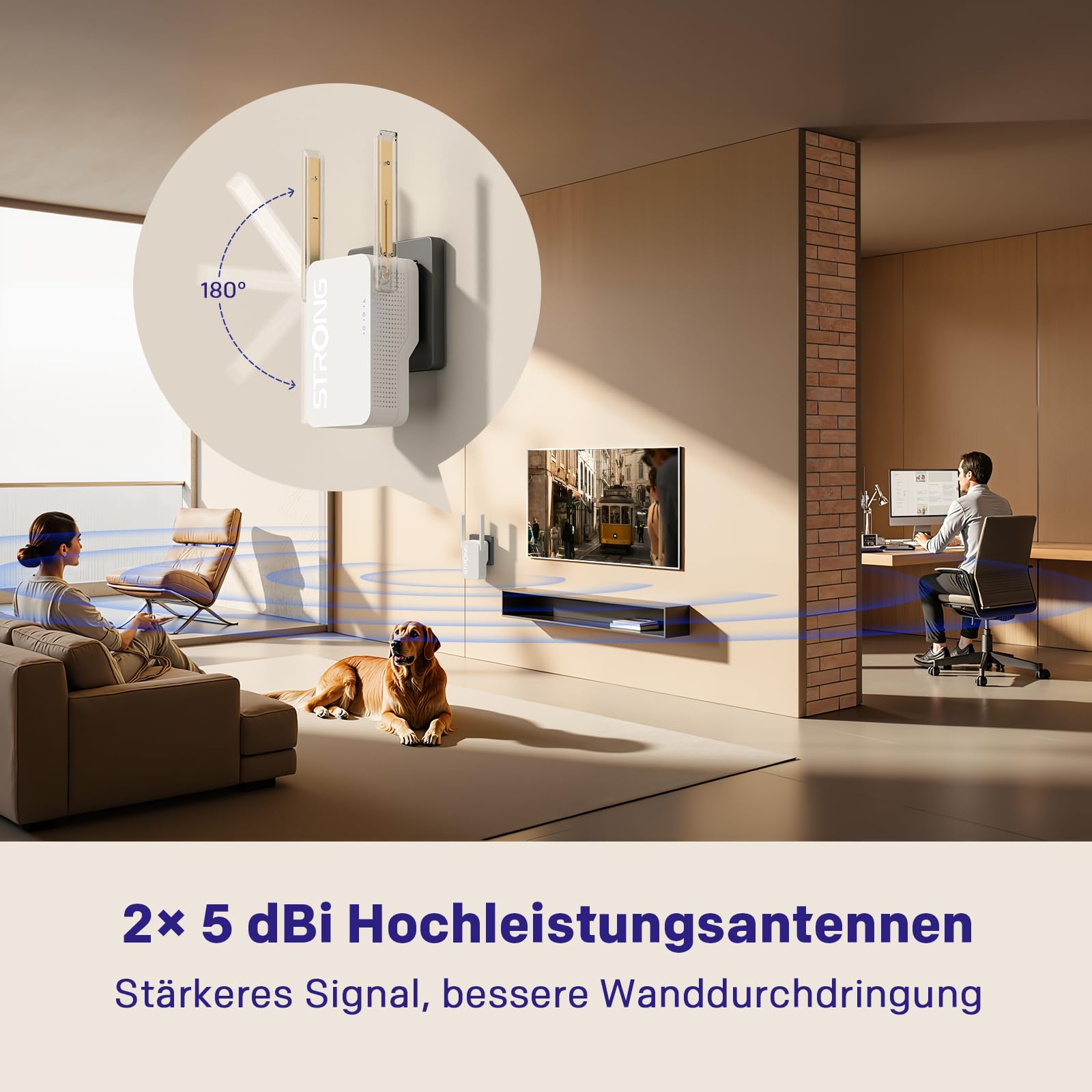 STRONG WLAN Verstärker AX3000 Wi-Fi 6 für Steckdose – Dualband Repeater & Internet Verstärker mit 2 externen Antennen, Smart LED, Access Point Modus, hohe Reichweite für Streaming & Gaming, kompatibel